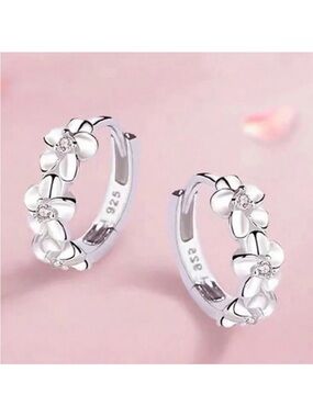 Hawaiian Plumeria 925 Sterling Silver & Cubic Zirconia stone Hoop Earrings